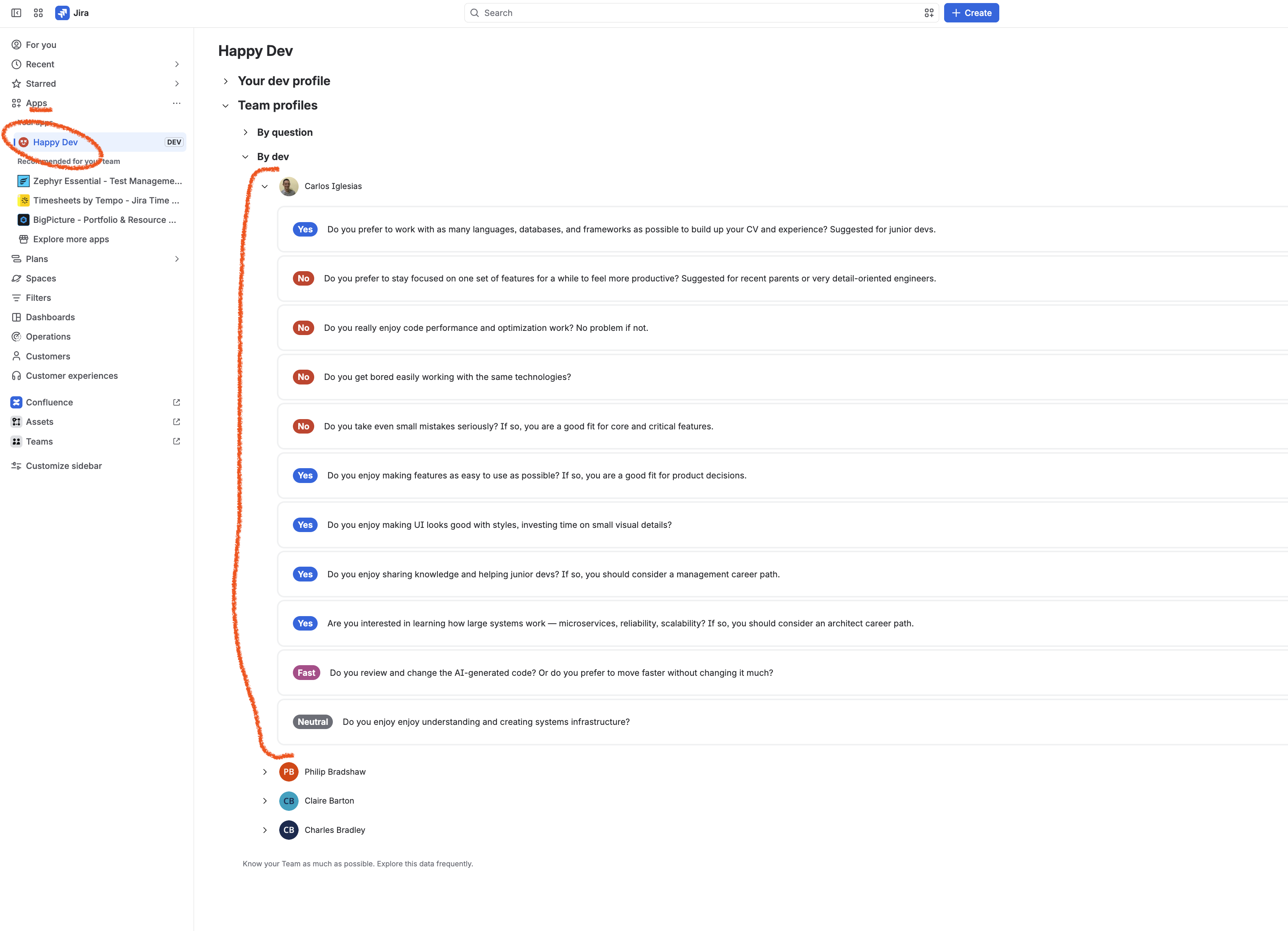 Team profiles view listing each developer and their answers