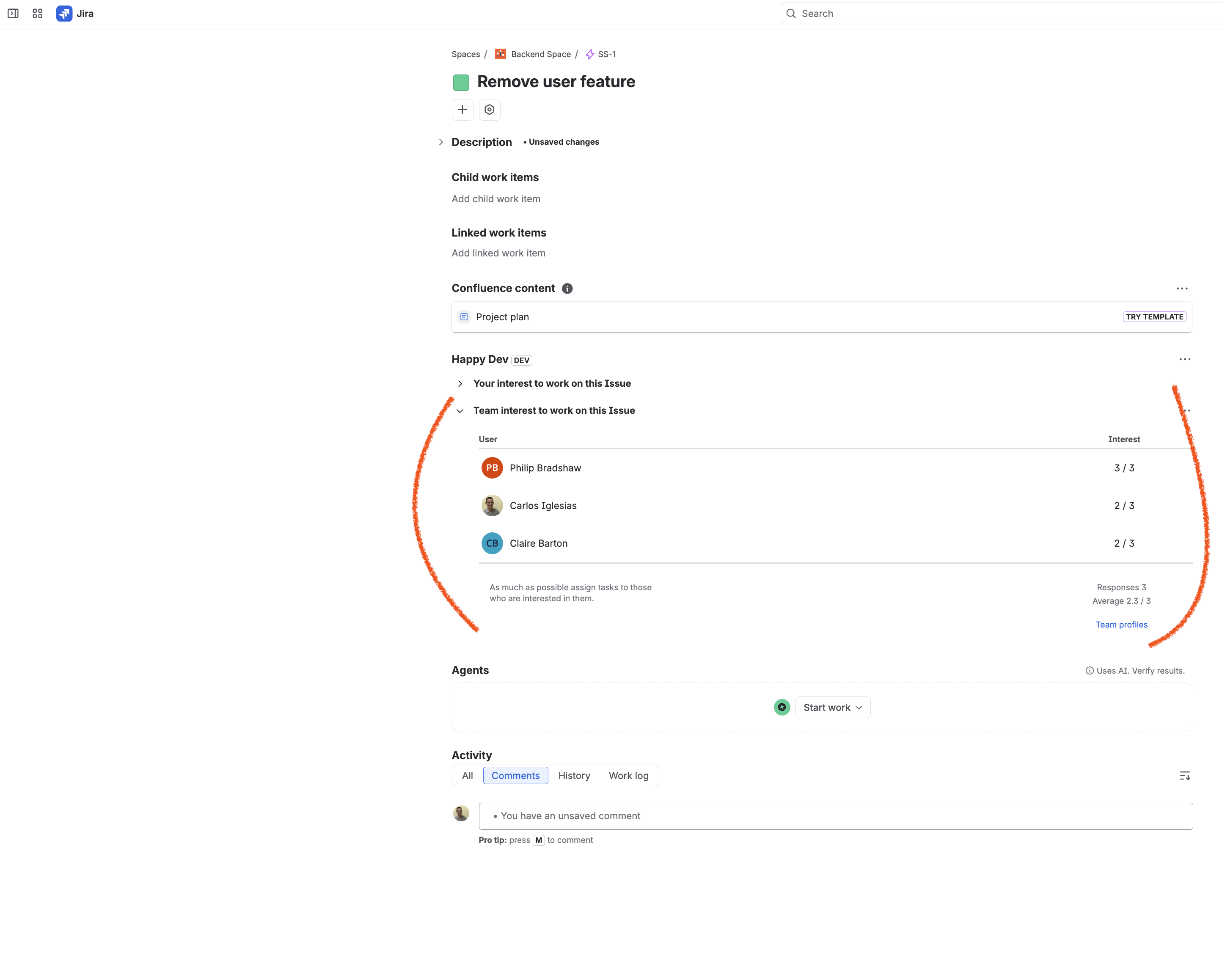 Team interest table on a Jira issue showing each developer's interest score
